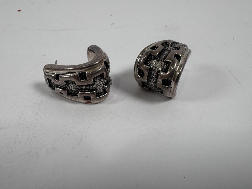925 Sterling Silver Geometric Cutout Wide Half Hoop Stud Earrings 7g No Backs